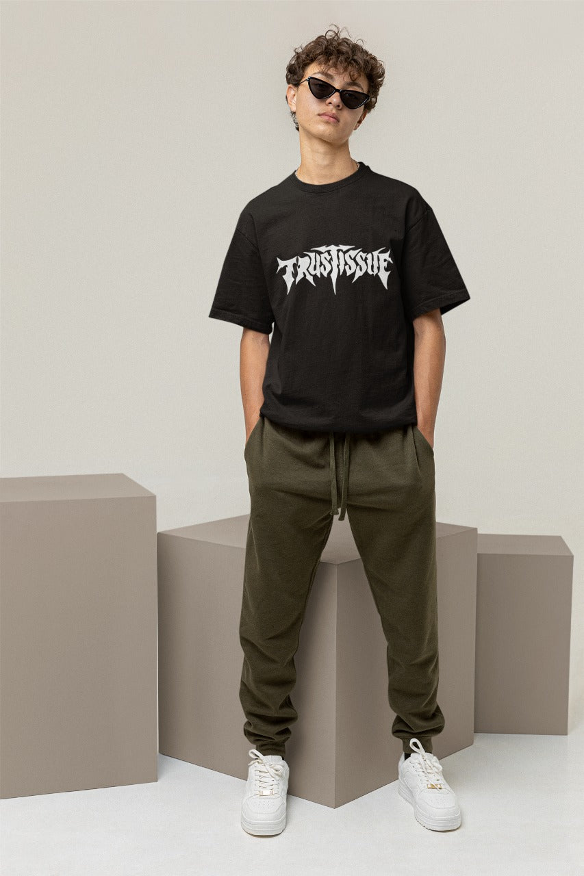 Front Side View Trustissue Men Black Oversized T-Shirt - Kapda Kulture