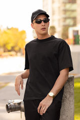 Front View Universe Men Black Oversized T-Shirt - Kapda Kulture
