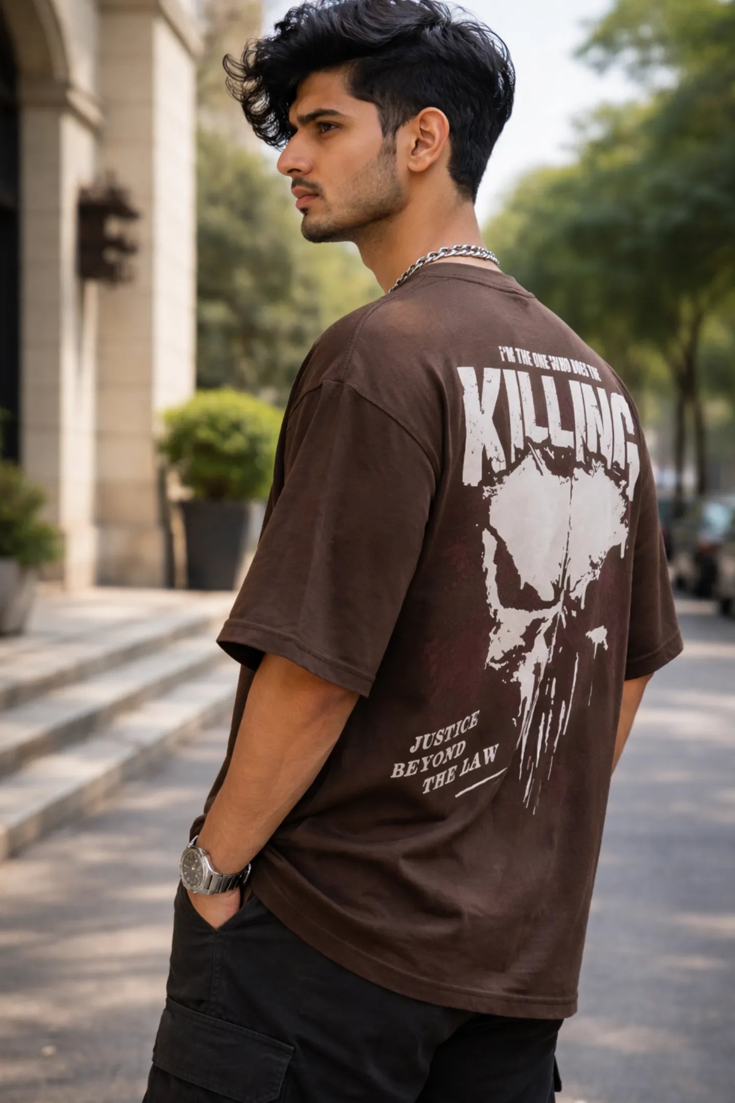 Kapda Kulture brown oversized t shirt skull graphic back angle streetwear fashion oversized fit India