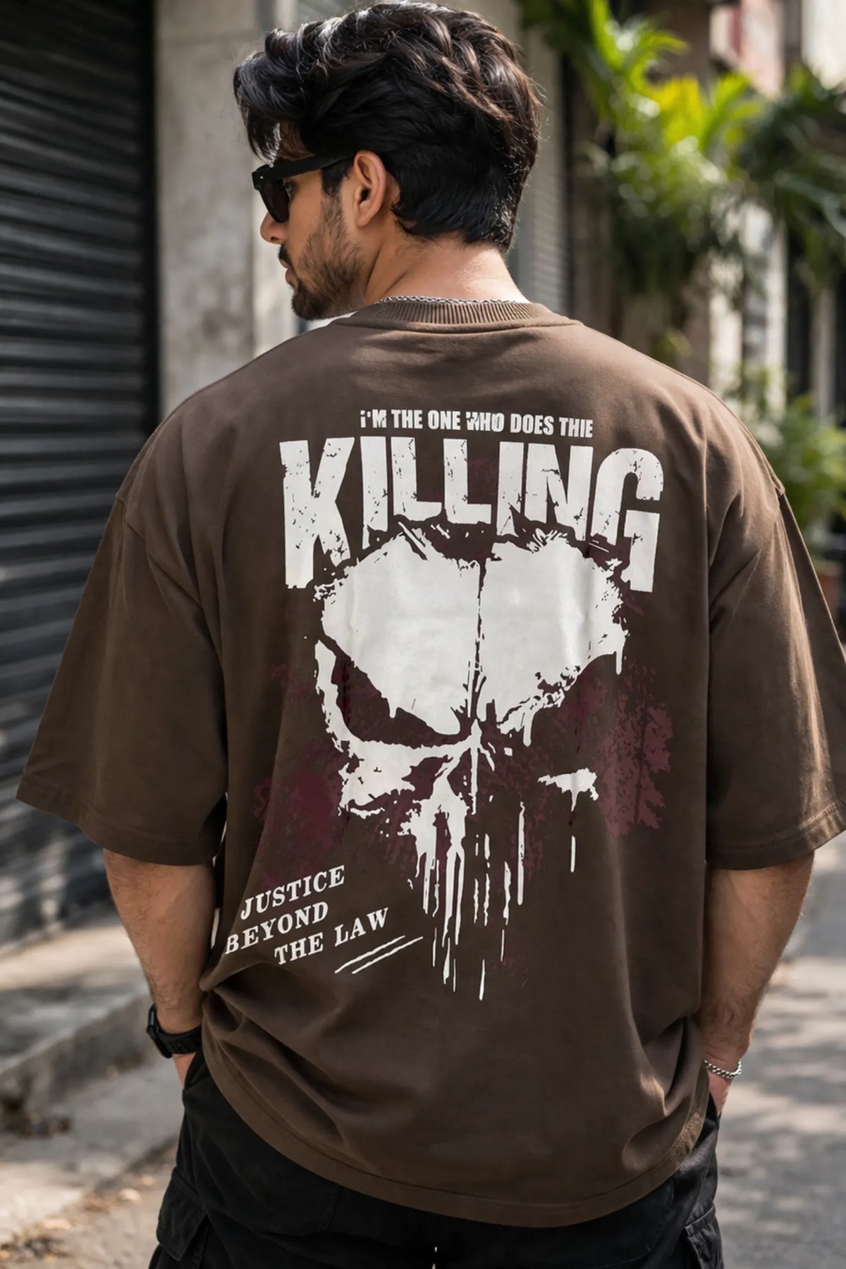 Kapda Kulture brown oversized graphic t shirt for men India skull print streetwear back design oversized fit