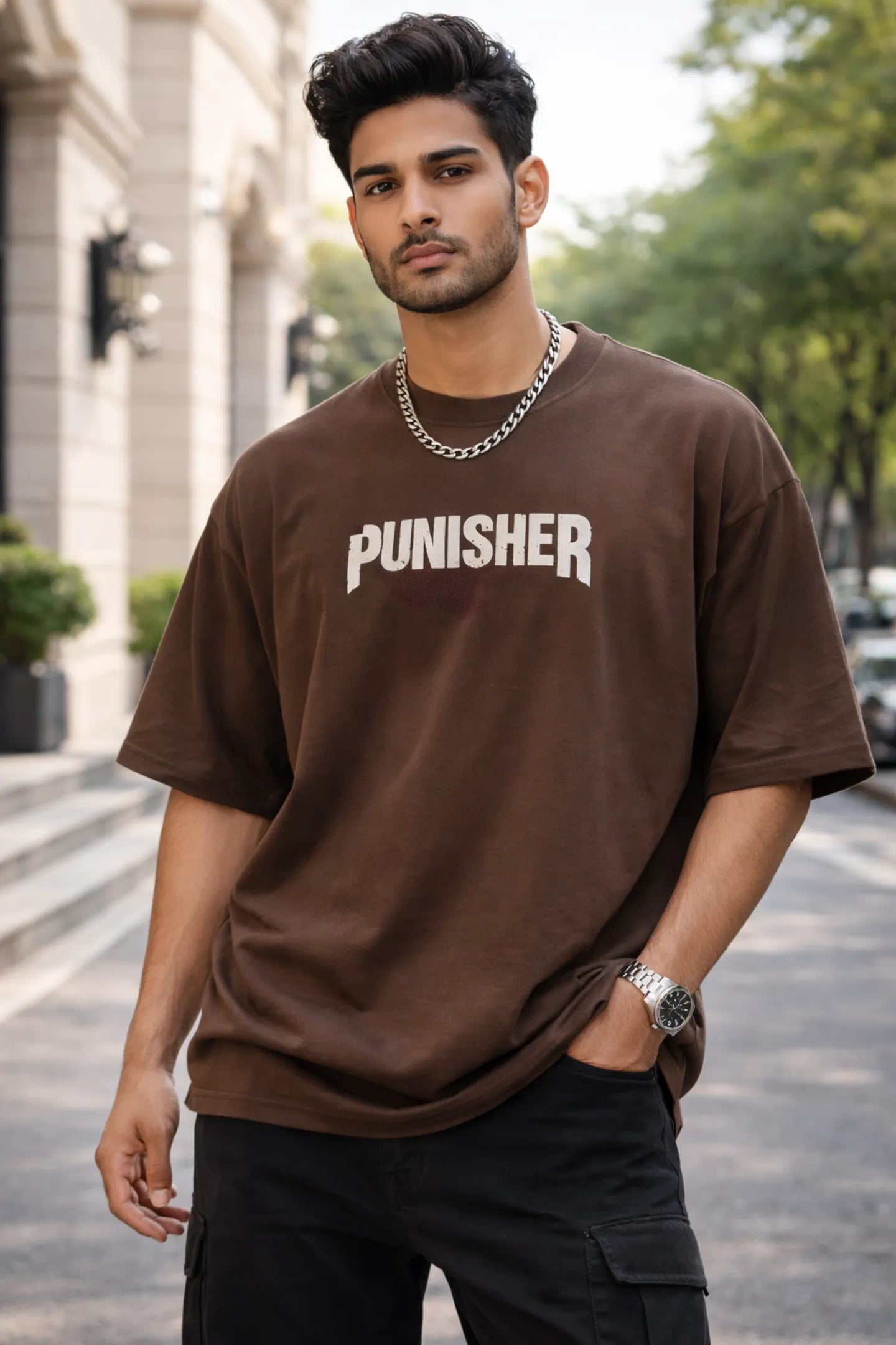 Kapda Kulture brown oversized graphic t shirt for men front view minimal streetwear oversized fit India