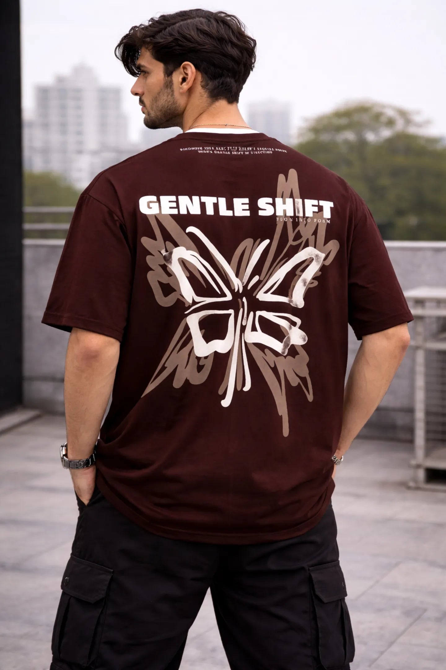 Kapda Kulture maroon oversized graphic t shirt for men India butterfly print back design streetwear oversized fit