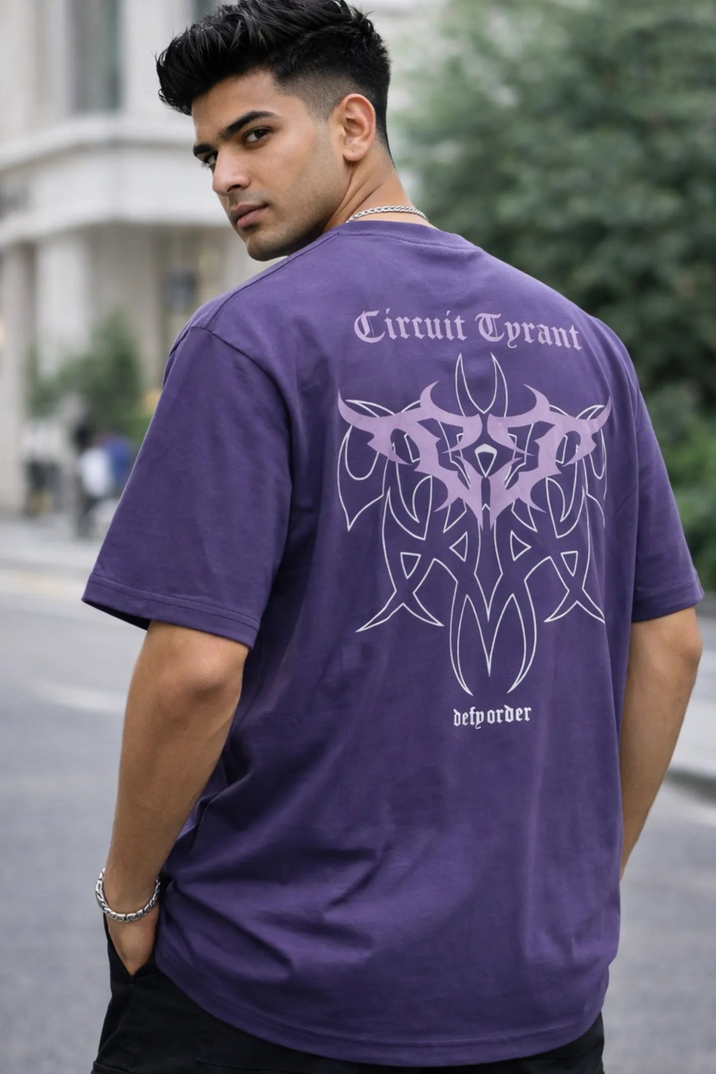 Kapda Kulture purple oversized graphic t shirt for men streetwear back angle model pose