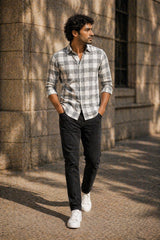 Ash Grey Check Linen Cotton Shirt for Men | Premium Casual Shirt | Kapda Kulture