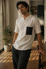 Ivory Linen Cotton Contrast Pocket Shirt for Men | Premium Casual Shirt | Kapda Kulture