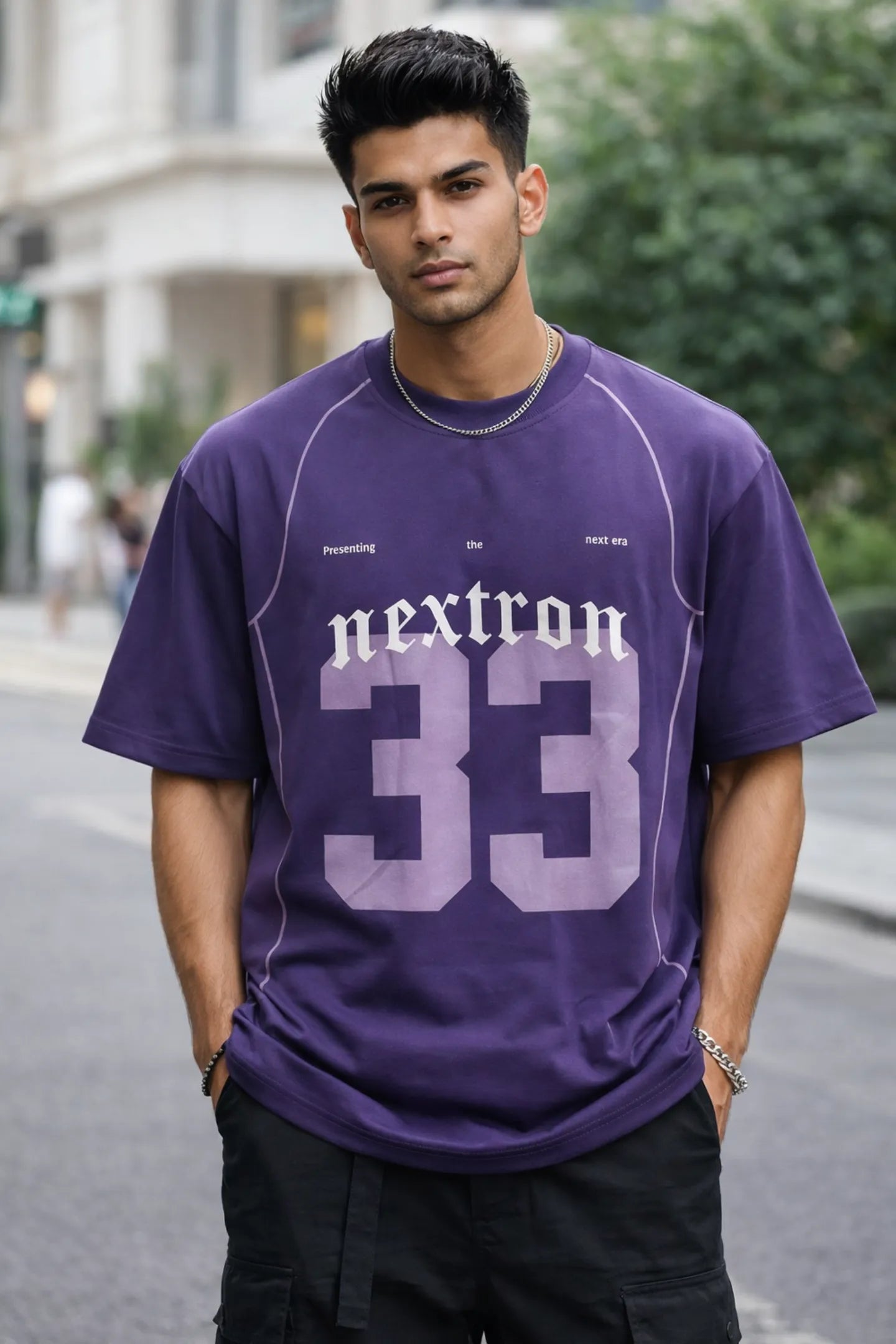 Kapda Kulture purple oversized graphic t shirt for men India nextron 33 typography front view streetwear
