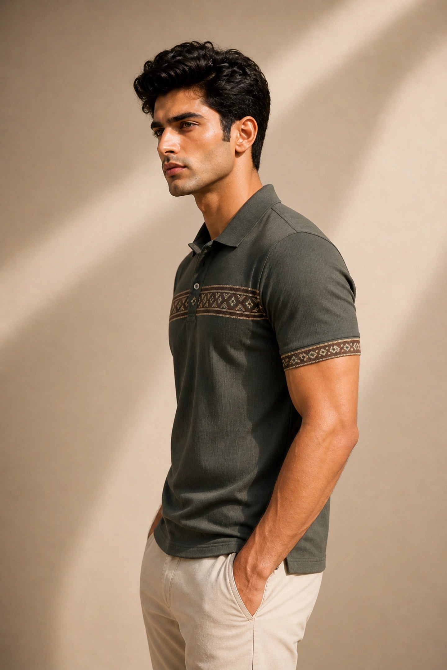 kapda kulture dark olive cotton polo t shirt for men side angled view