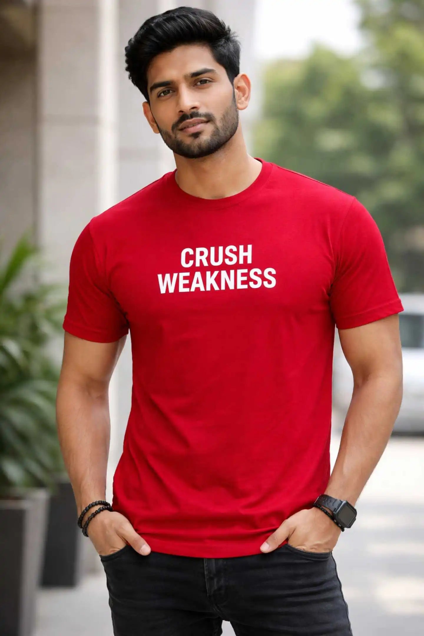 Kapda Kulture red puff print oversized t shirt for men India Crush Weakness front view