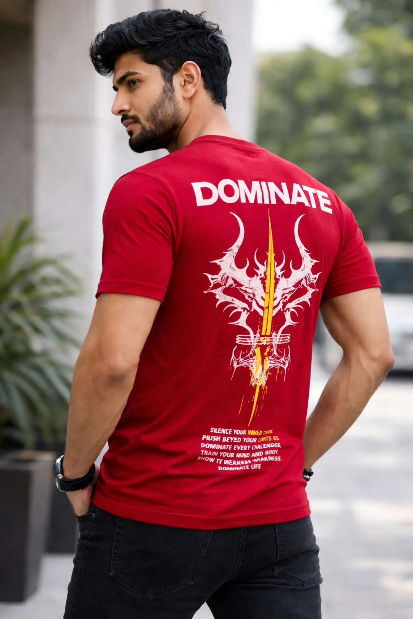 Kapda Kulture red puff print oversized t shirt for men India Crush Weakness back print
