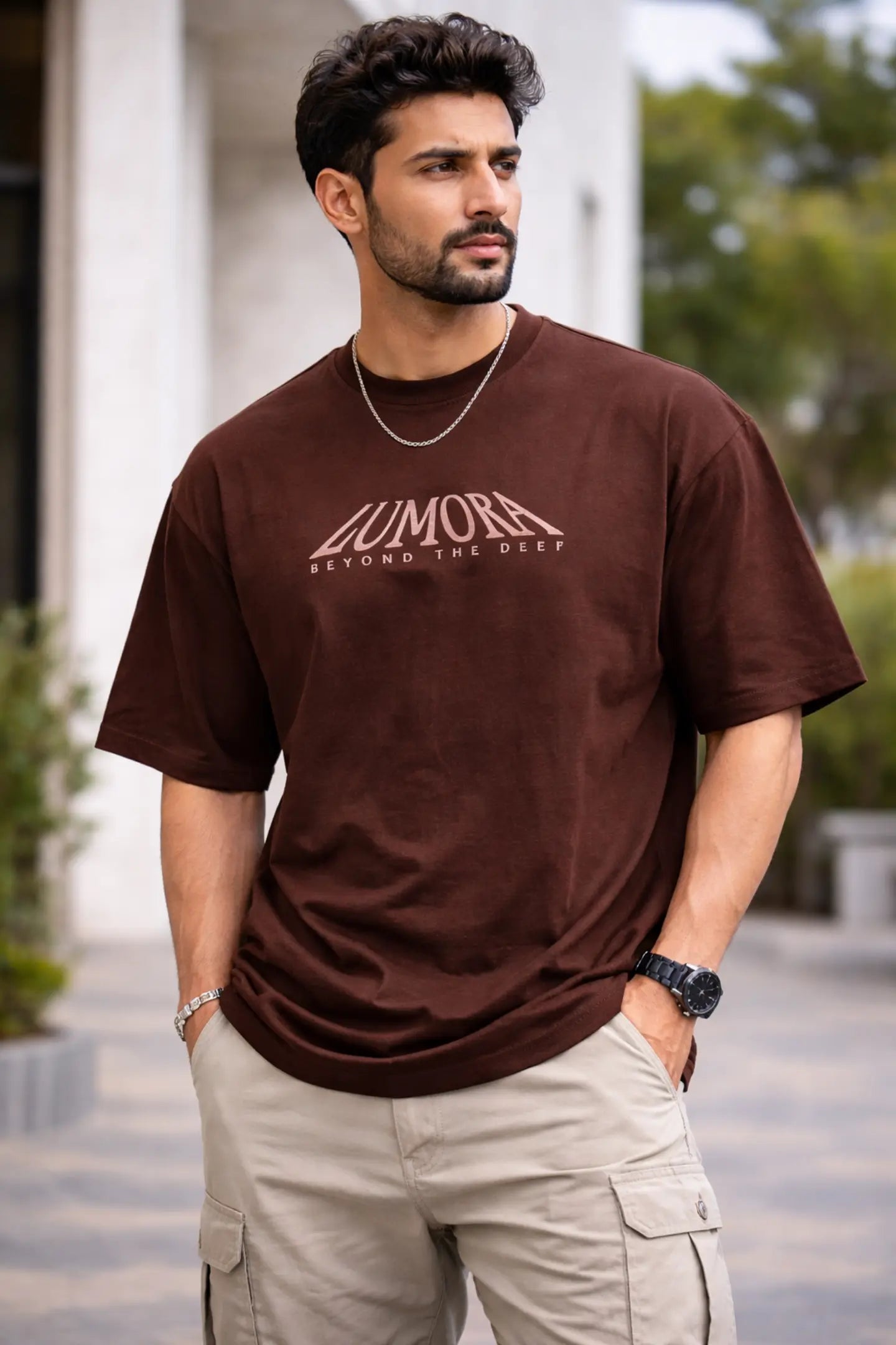 Kapda Kulture brown oversized t shirt for men lumora front view streetwear casual oversized fit India
