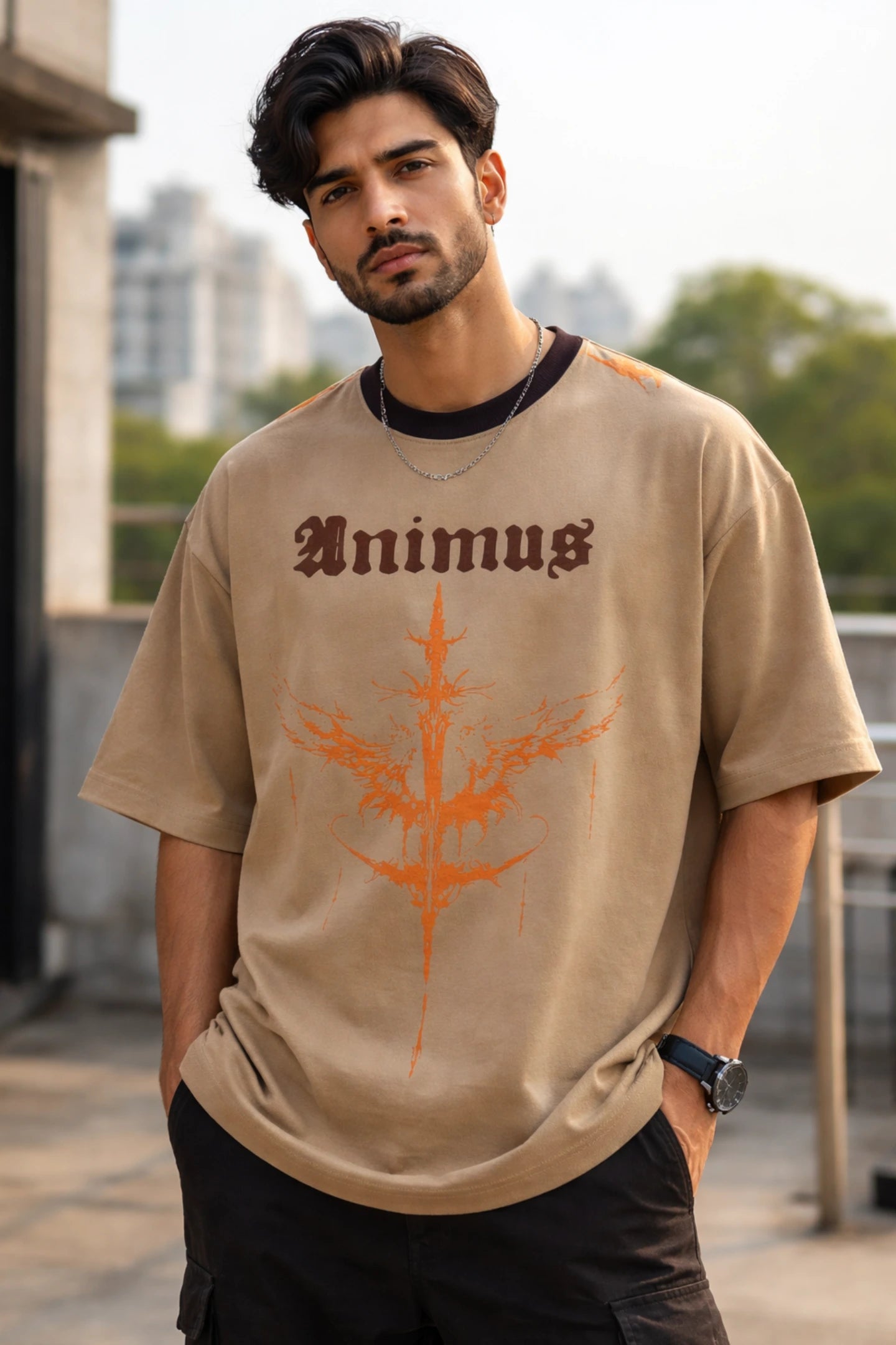Kapda Kulture beige oversized t shirt animus front view minimal graphic streetwear oversized fit India