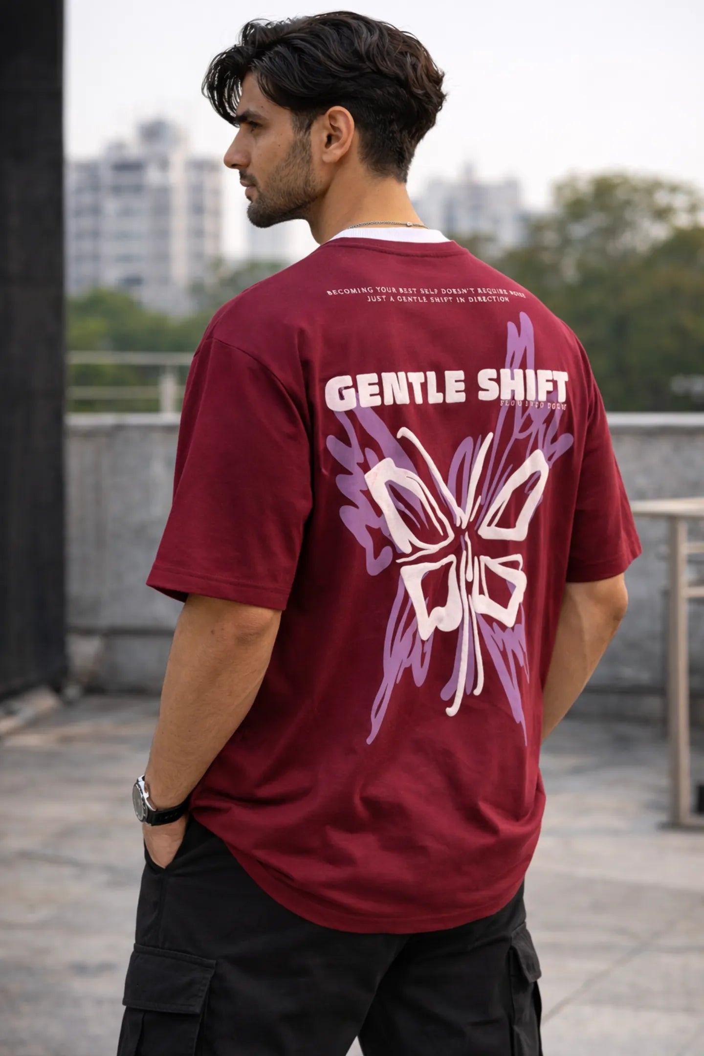 Kapda Kulture maroon oversized t shirt coalesce butterfly back design angle view streetwear oversized fit India