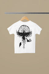 White t-shirt with black eagle and circle design on a beige background