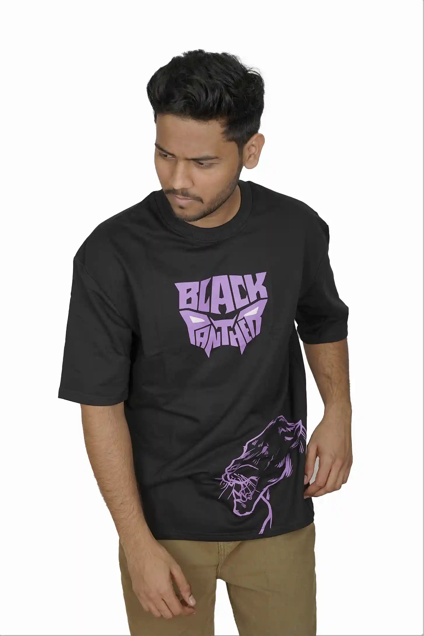 Kapda Kulture black puff print oversized t shirt casual streetwear front view model pose