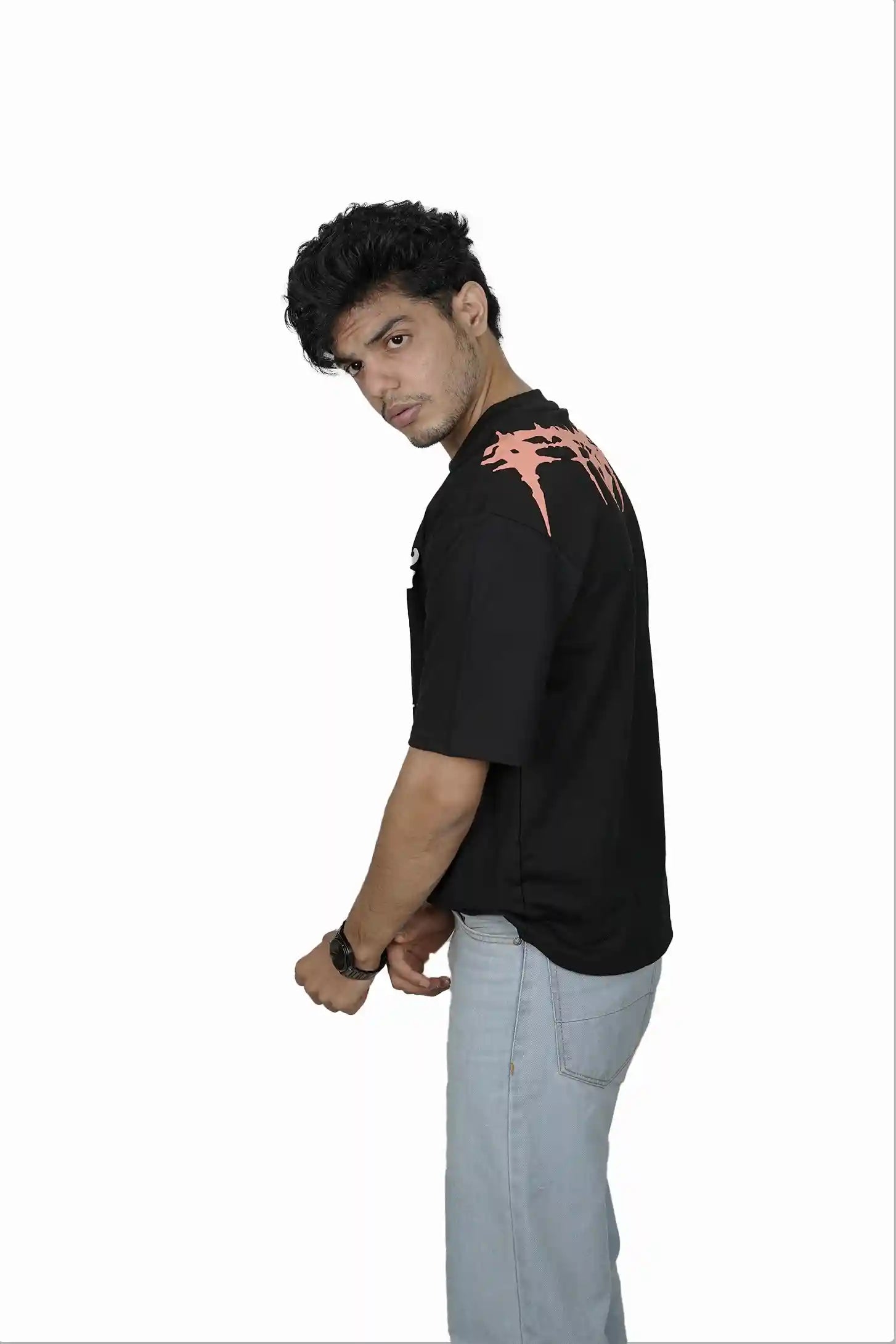 Kapda Kulture black oversized t shirt for men puff print streetwear side profile styling