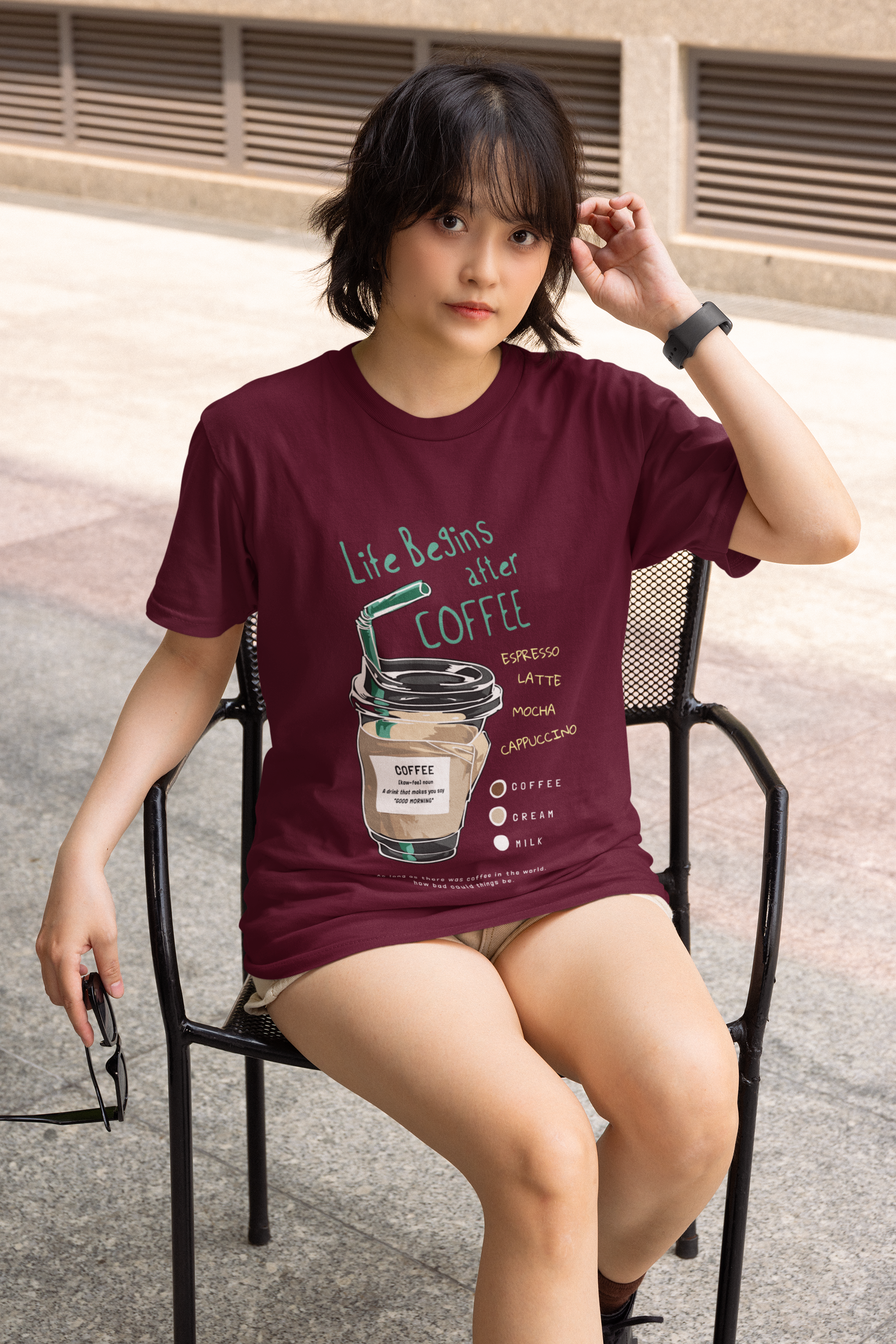 maroon Graphic Coffee Tees Women