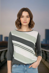 Grey Top With White and Light Green Line Women T-Shirt