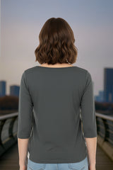 Grey Top With White and Light Green Line Women T-Shirt
