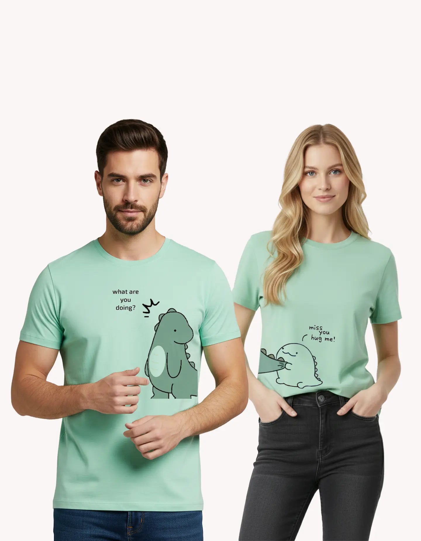 cute dinosaur couple t shirts pack of 2 matching green t shirts for men and women India Kapda Kulture
