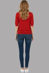 Women Ruby Red Short Sleeve V-Neck Cardigan