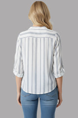 Women’s White & Blue Striped Cotton Casual Shirt – Soft Breathable
