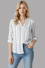 Women’s White & Blue Striped Cotton Casual Shirt – Soft Breathable