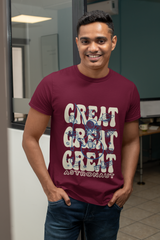 Man wearing a maroon t-shirt with 'GREAT GREAT GREAT ASTRONAUT' text in an office setting