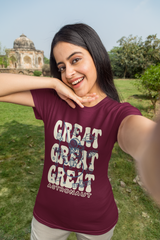 Woman wearing a purple t-shirt with 'GREAT GREAT GREAT ASTRONAUT' text outdoors.