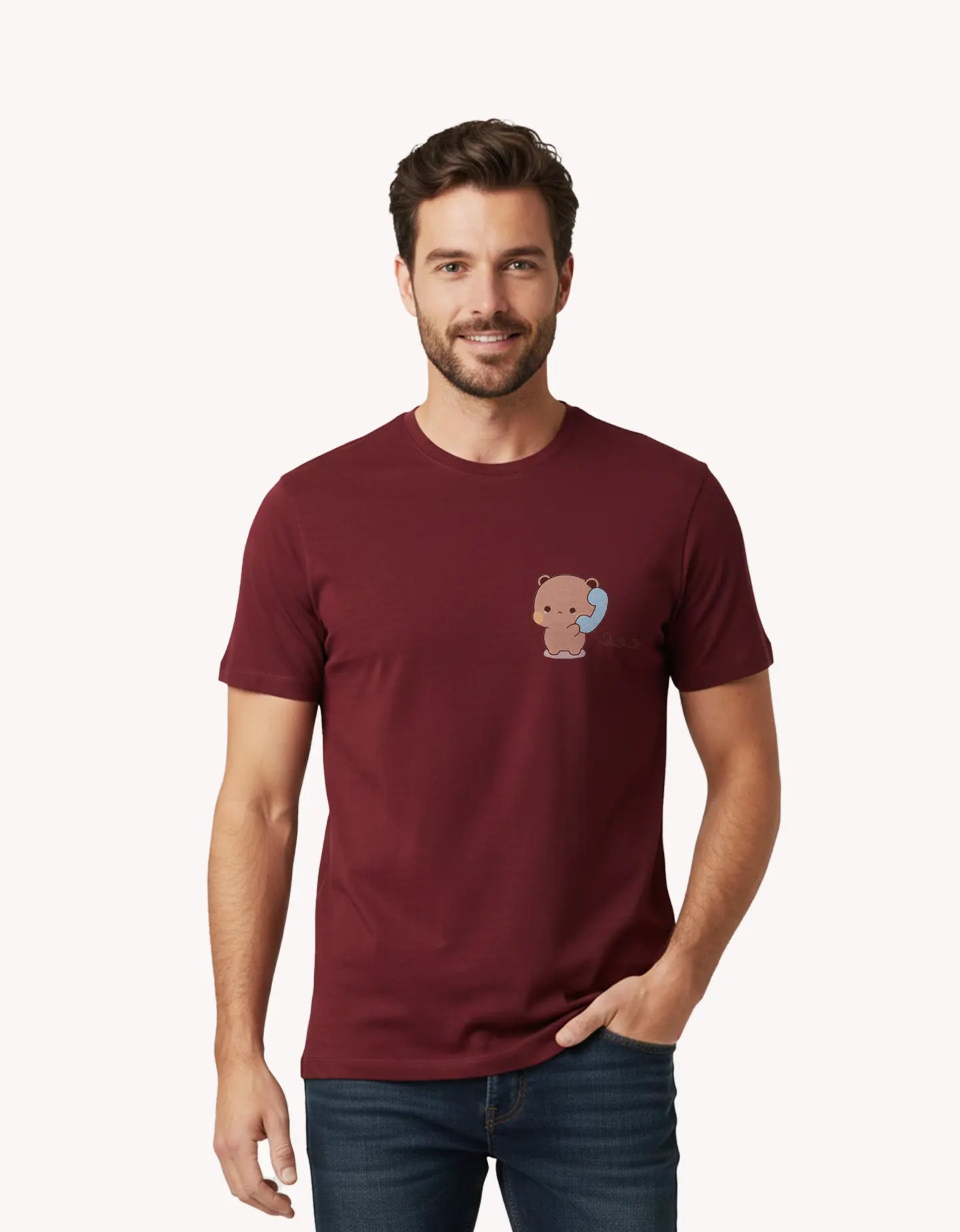 maroon teddy bear printed t shirt for men regular fit cute couple outfit India Kapda Kulture