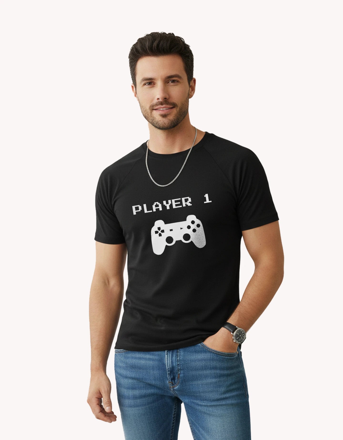 black Player 1 t shirt for men gamer couple outfit regular fit cotton India Kapda Kulture