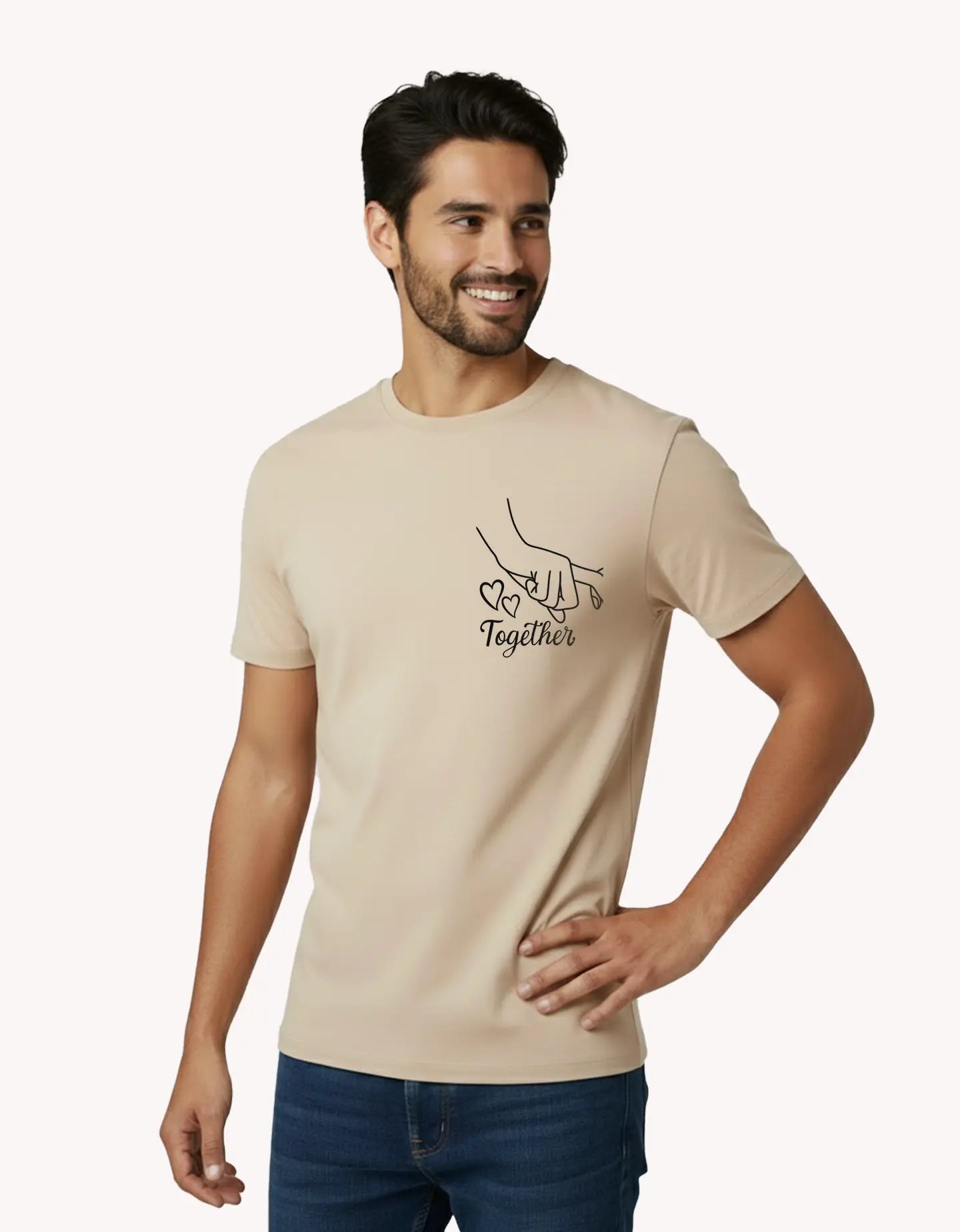 beige regular fit t shirt for men forever and together print casual couple wear India Kapda Kulture