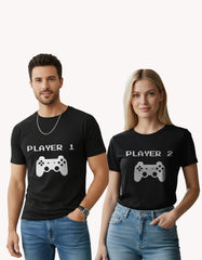 Player 1 Player 2 couple t shirts pack of 2 black matching gamer t shirts for men and women India Kapda Kulture