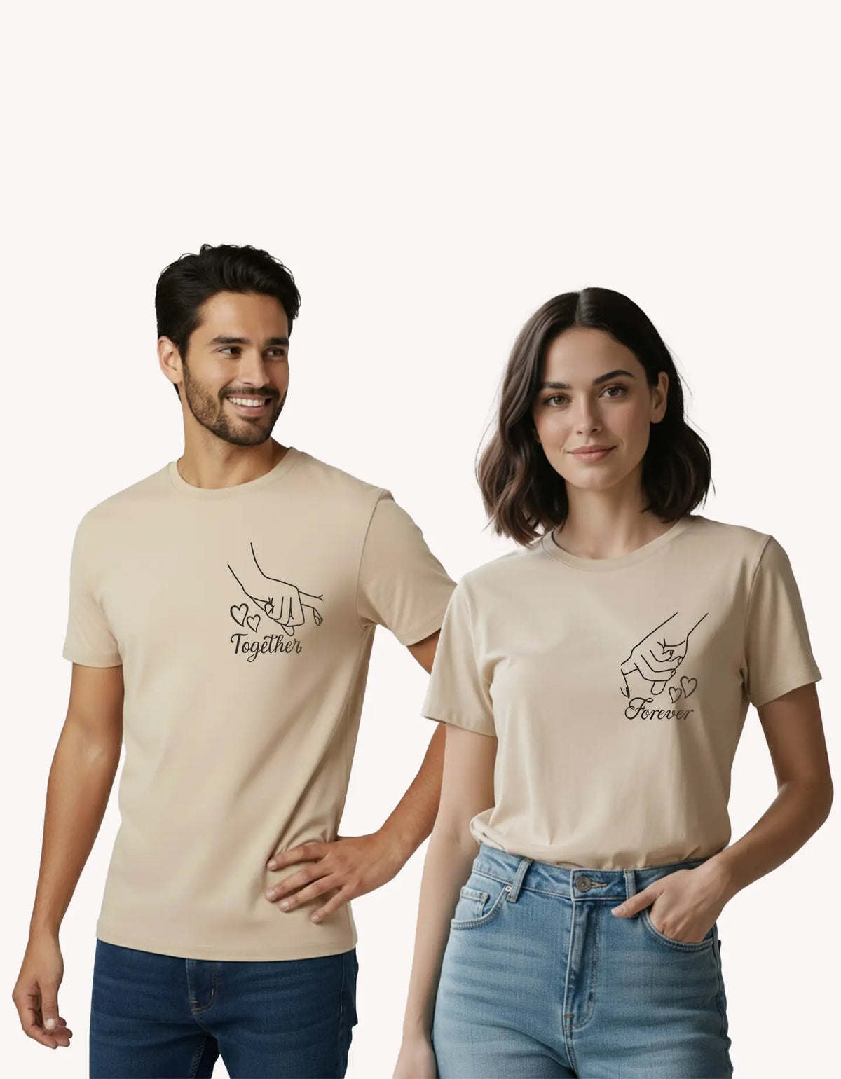 Forever and Together couple t shirt pack of 2 men and women matching beige t shirts India Kapda Kulture