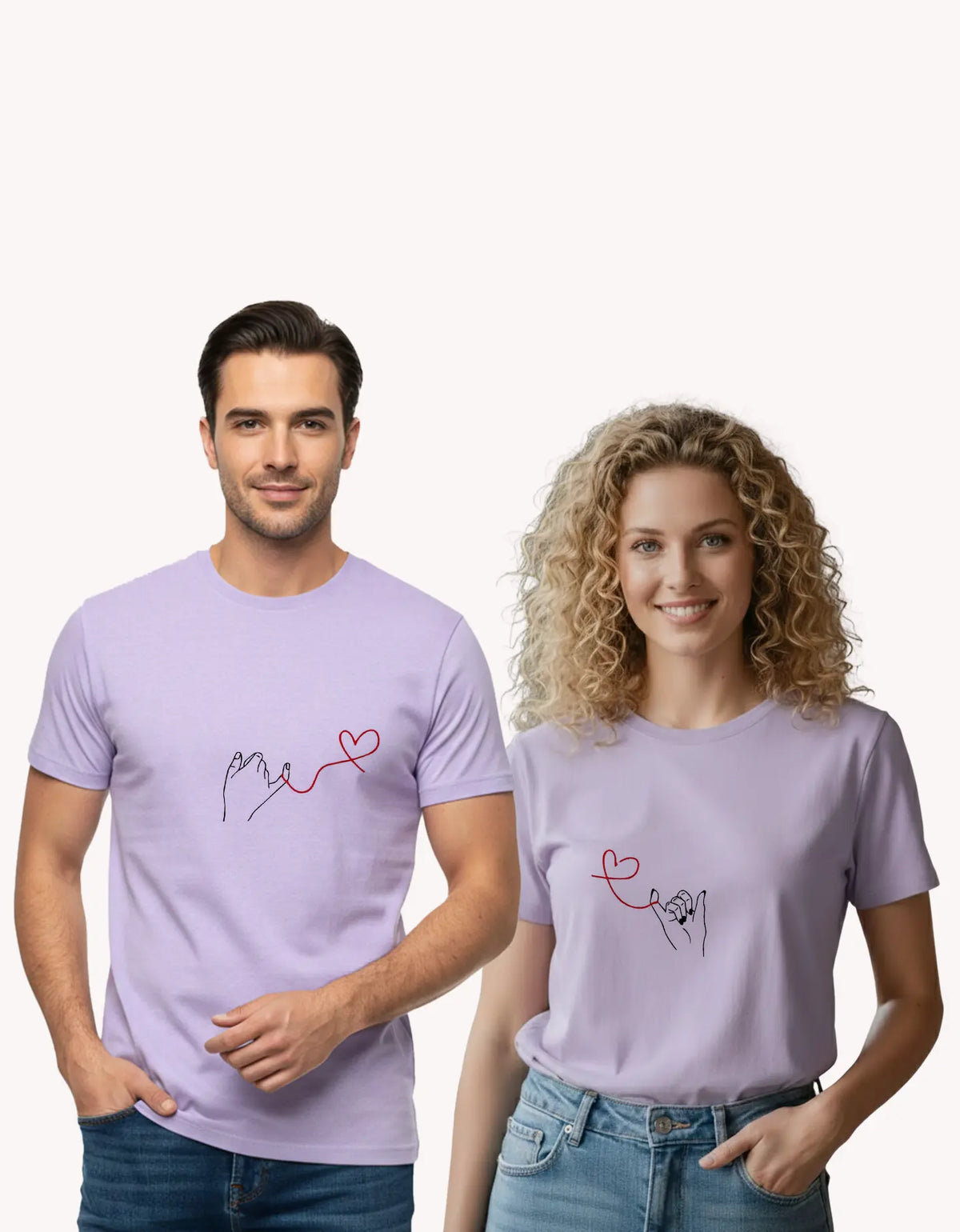 Pinky Promise with Heart Line Printed Regular Fit T-Shirt For Couple  – Pack of 2 (Men & Women)
